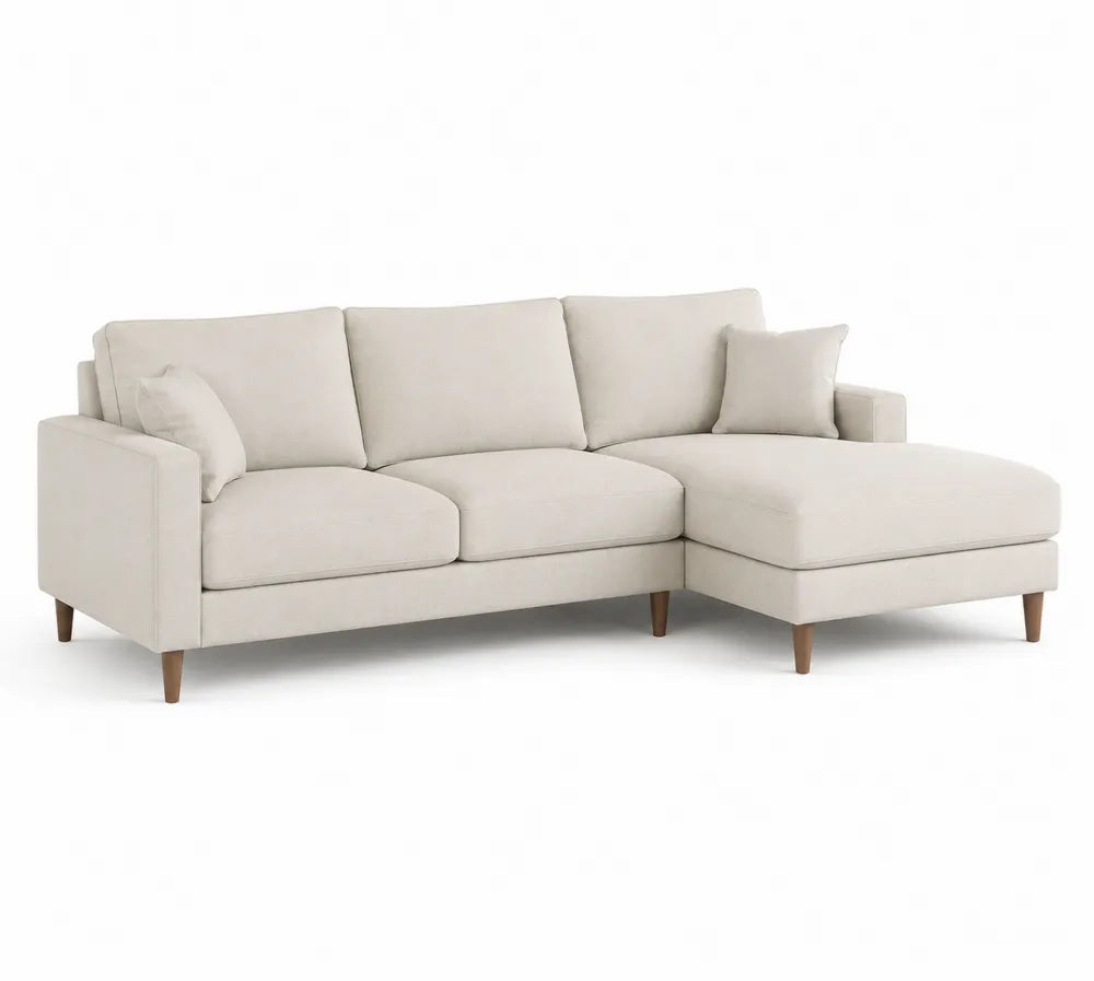 Divano angolare con chaise longue in lino e gambe in legno
