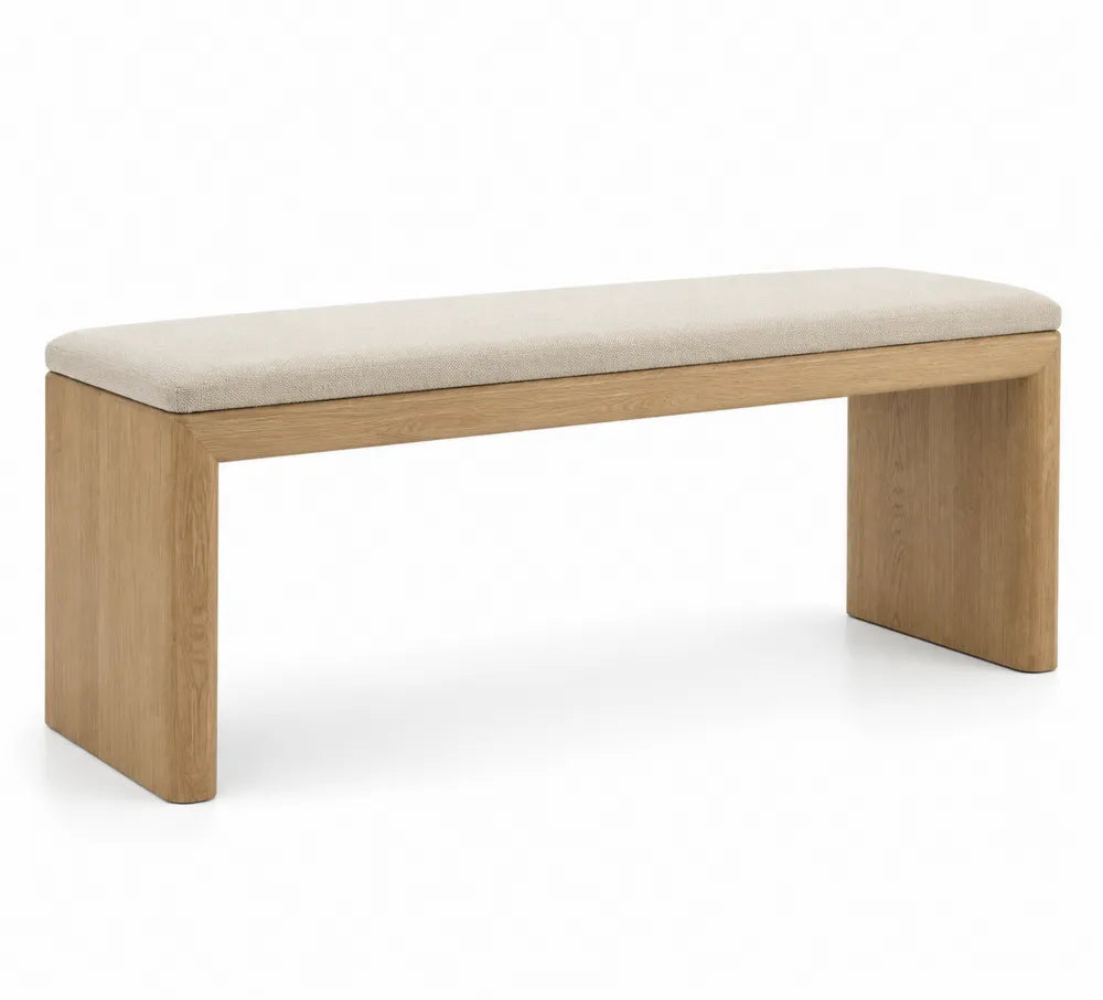 Panca in legno massello di quercia e tessuto beige 130x40x45 cm