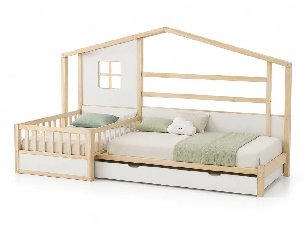Letto a forma di casetta in legno di pino con lettino estraibile