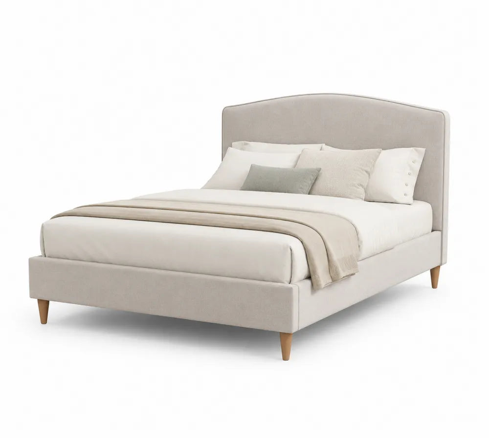 Letto matrimoniale imbottito in tessuto con gambe in legno