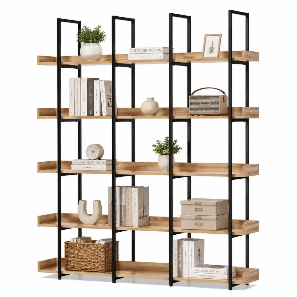 Scaffale libreria in legno e acciaio nero con 5 ripiani